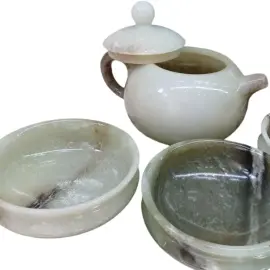 Чайный набор из белого и зеленого нефрита "Восточный нефрит" на 3 персоны, 4 предмета